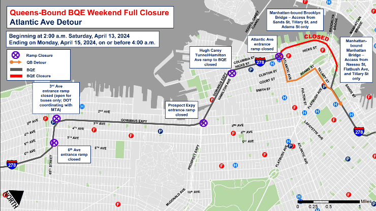 Map of the Atlantic Avenue detour during the full closure of the Queens-bound B Q E between Atlantic Avenue and Sands Street in Brooklyn from April 13 to April 15, 2024.