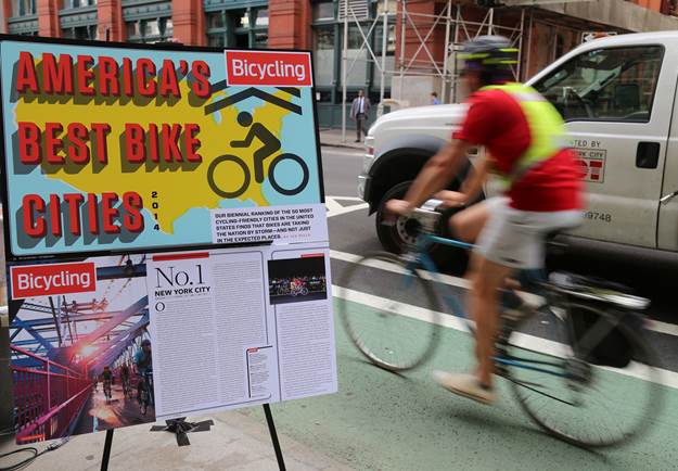 Poster declaring New York City as top U.S. cycling city by bicycling magazine