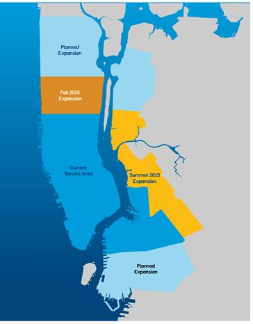 Map of current service areas and expansion areas for the Citibike program expansion in august.