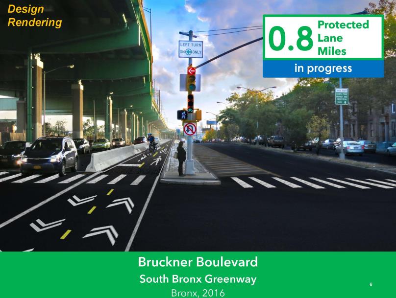 Design rendering of the Bruckner Boulevard South Bronx Greenway Protected Bike Lanes